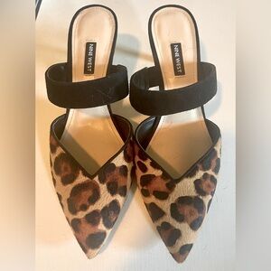 Nine West, kitten-heel, leopard calf-hair mules.